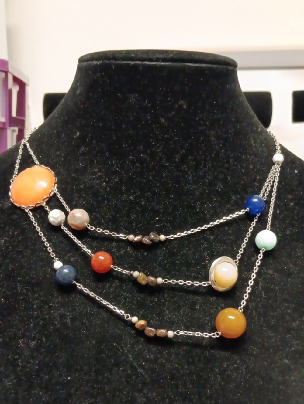 Layered Multi-Bead Necklace in Orange, Blue and Green Stones